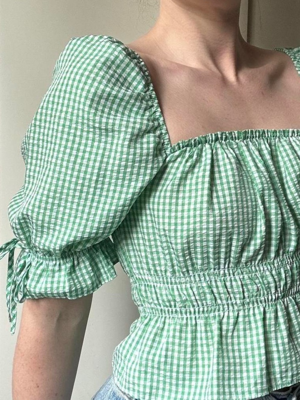 H&M Light Green Gingham Puff-Sleeve Peplum Top